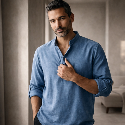 Henley in misto lino premium con colletto alla coreana