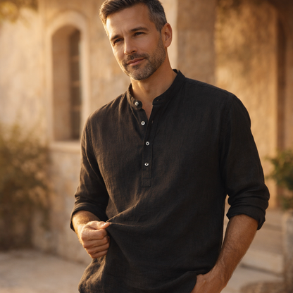 Henley in misto lino premium con colletto alla coreana