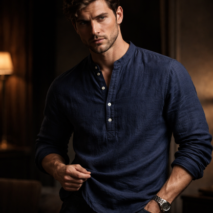 Henley in misto lino premium con colletto alla coreana