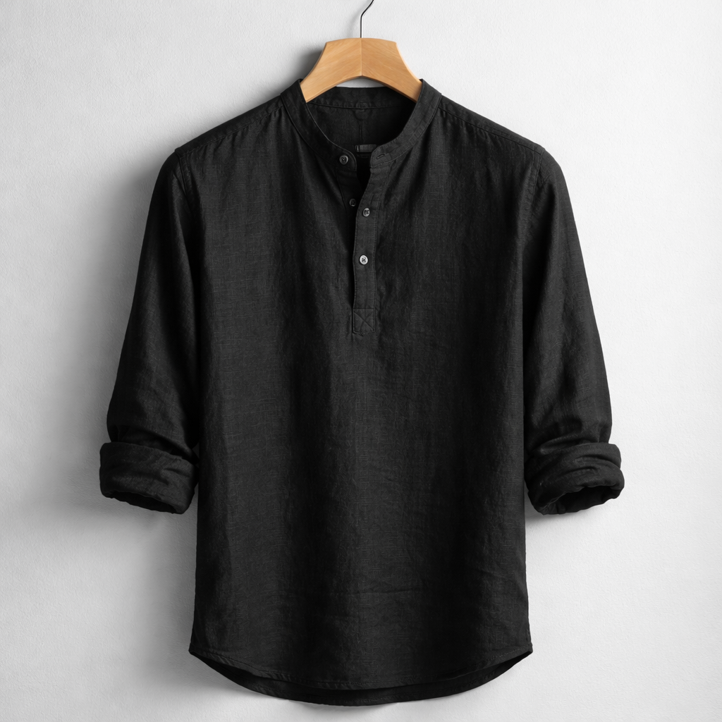 Henley in misto lino premium con colletto alla coreana