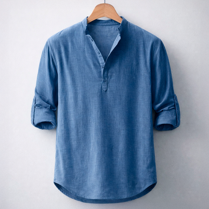 Henley in misto lino premium con colletto alla coreana