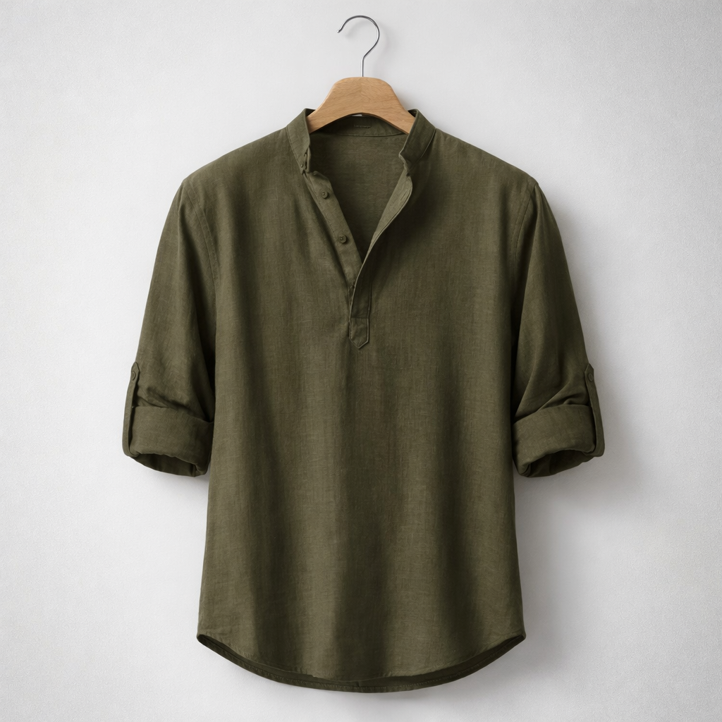 Henley in misto lino premium con colletto alla coreana