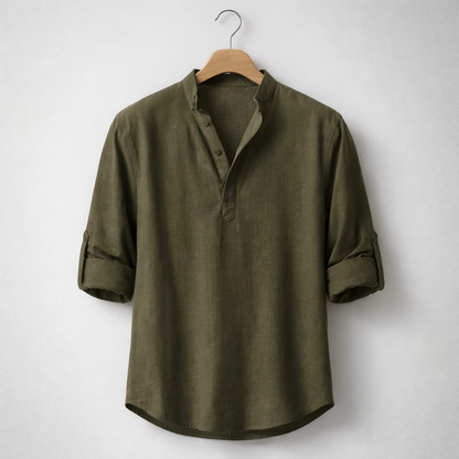 Henley in misto lino premium con colletto alla coreana