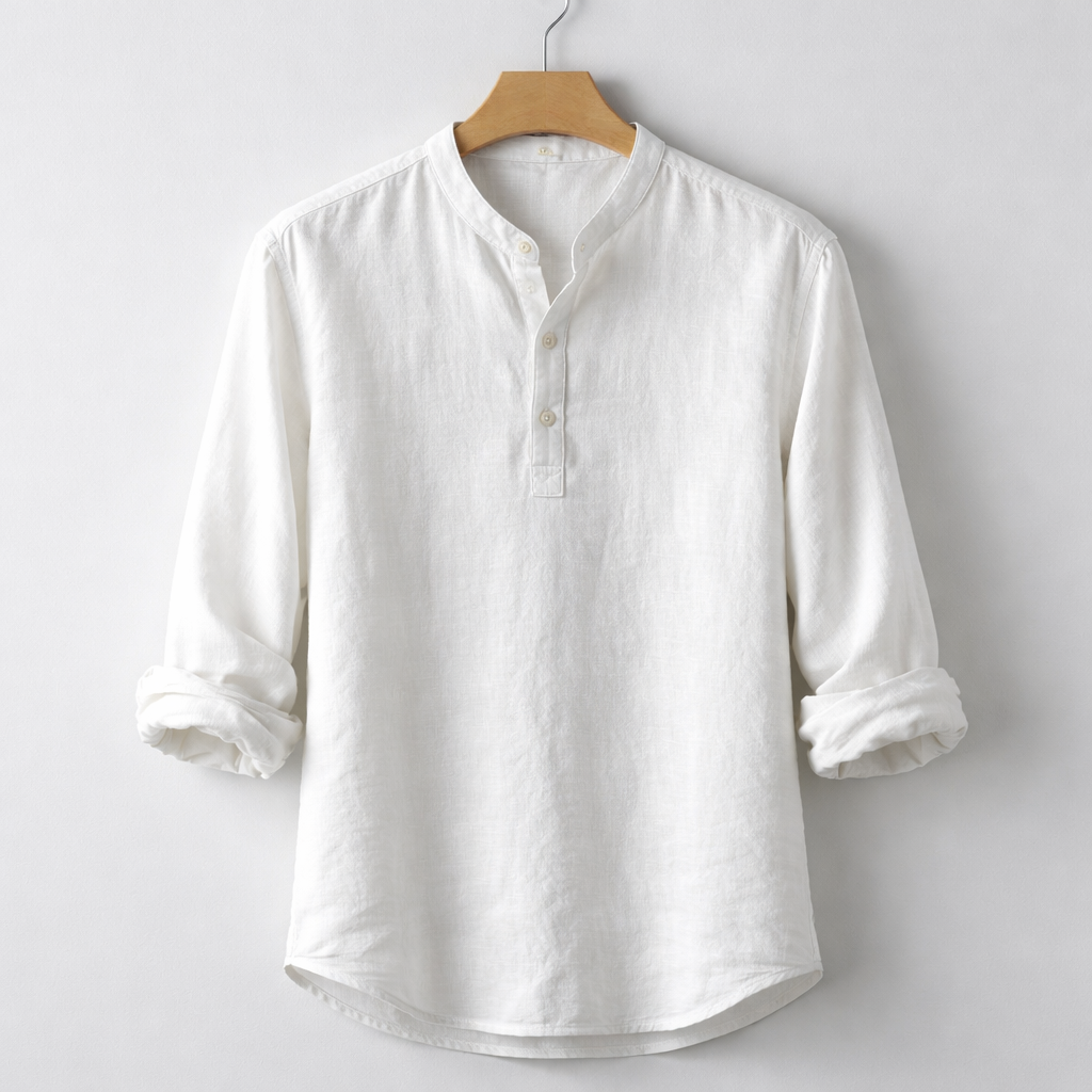 Henley in misto lino premium con colletto alla coreana