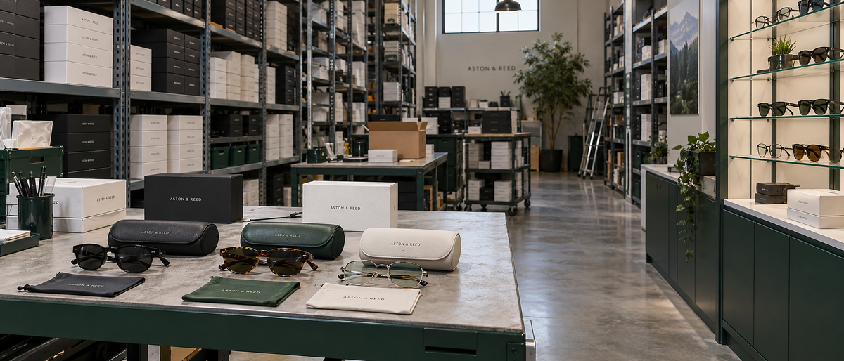 Illustrative Aston & Reed eyewear stockroom with cases, frames and packaging.